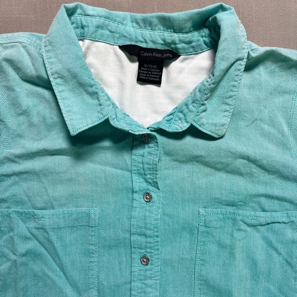 Calvin Klein Aqua Silver Buttons Buttons Button Down Cotton Mens XL - Picture 2 of 7